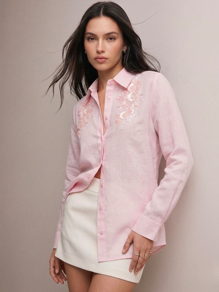 Pink Embroidered Pink Blouse In Satin Fabric