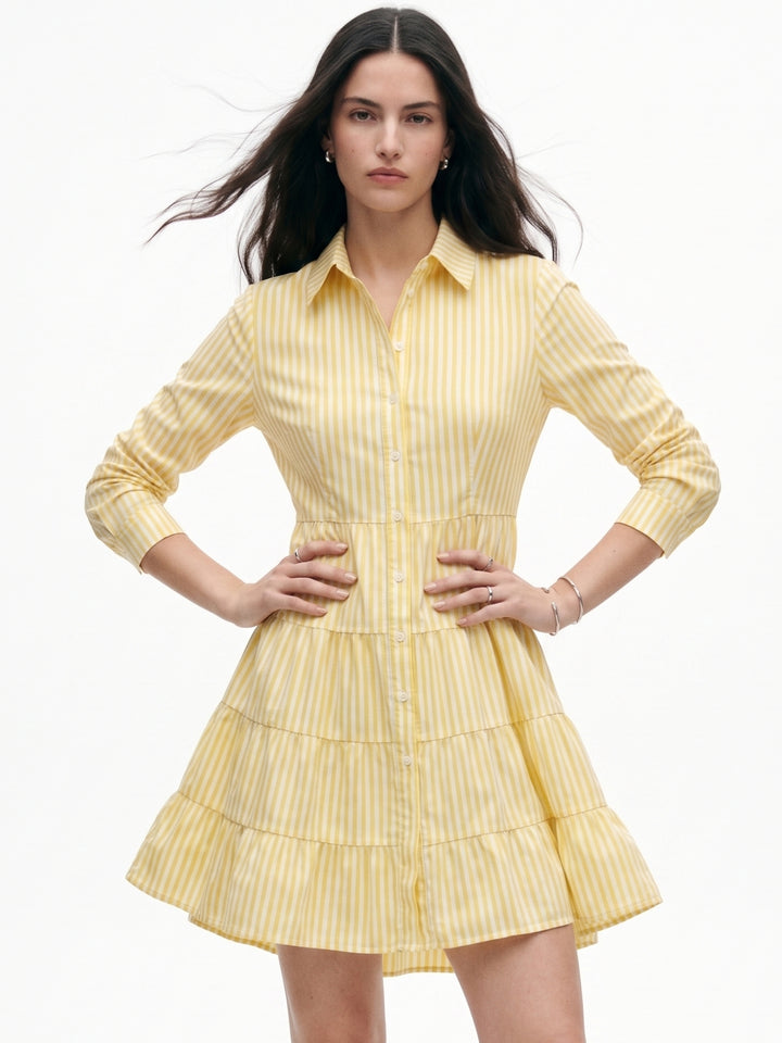 Yellow Striped Tiered Shirt Dress