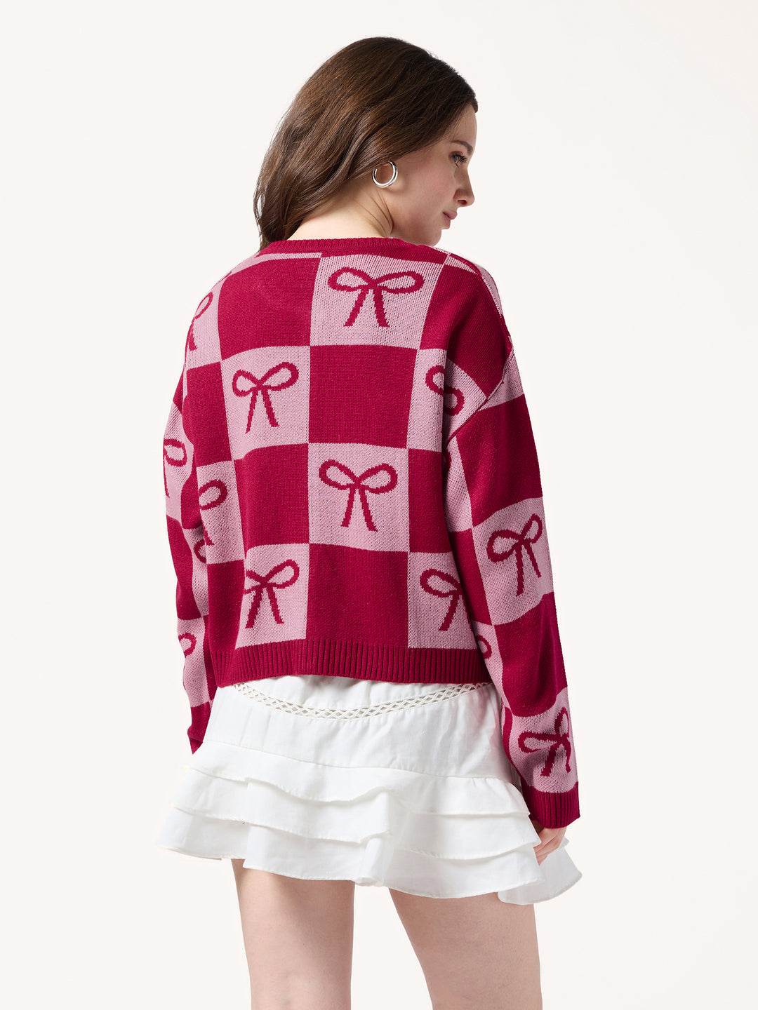 Red Colour Blocked Check With Graphic Bows Cardigan