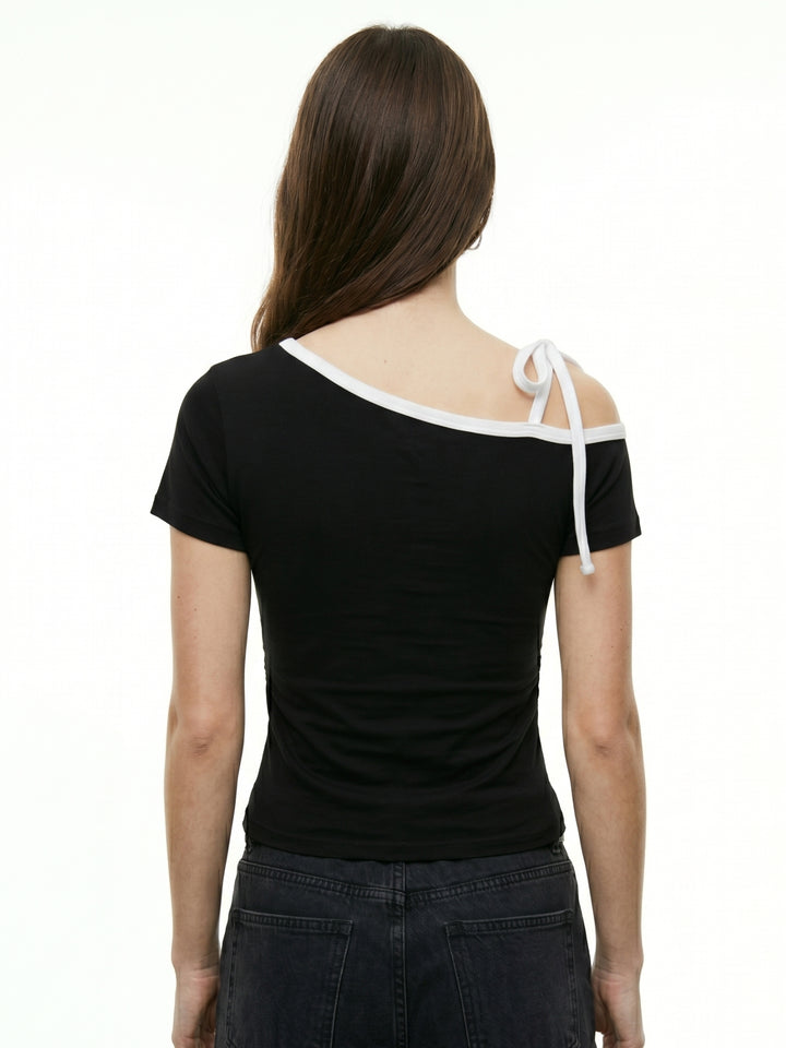 Black Cold One-Shoulder Strap Tie Up With Side Ruching And Graphic Print