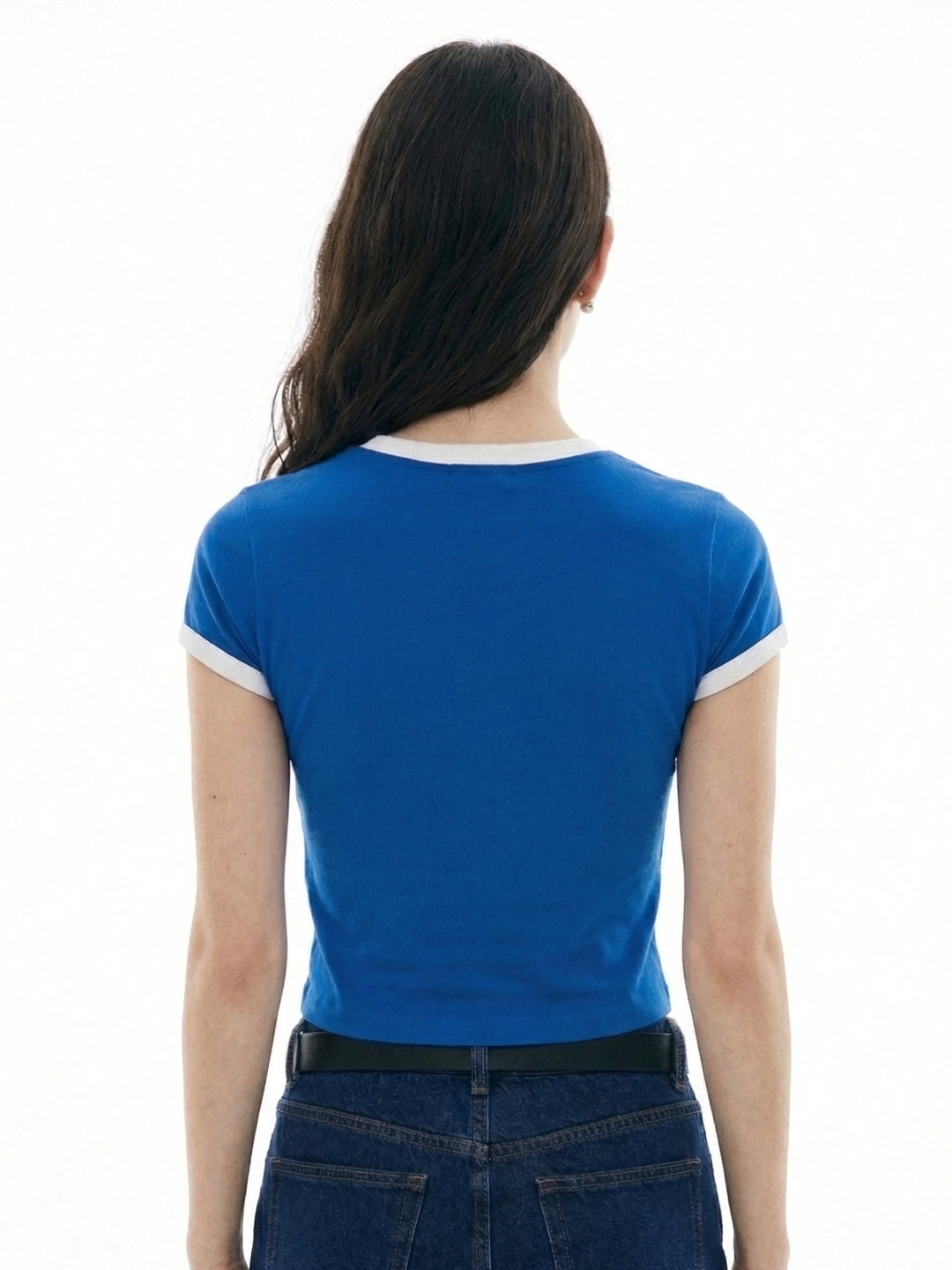 Blue Raglan Cropped Top With Graphic Print