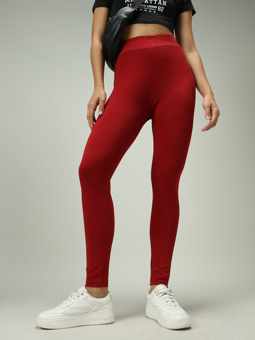 Maroon Criss Cross Waistband Leggings