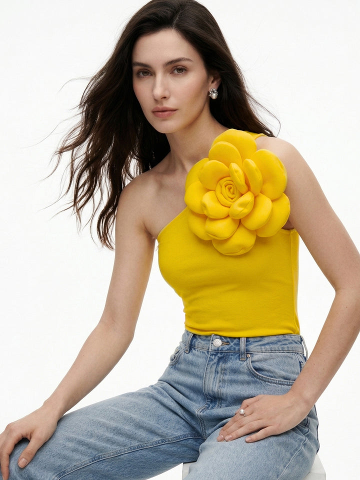 Yellow One Shoulder Flower Attached Top