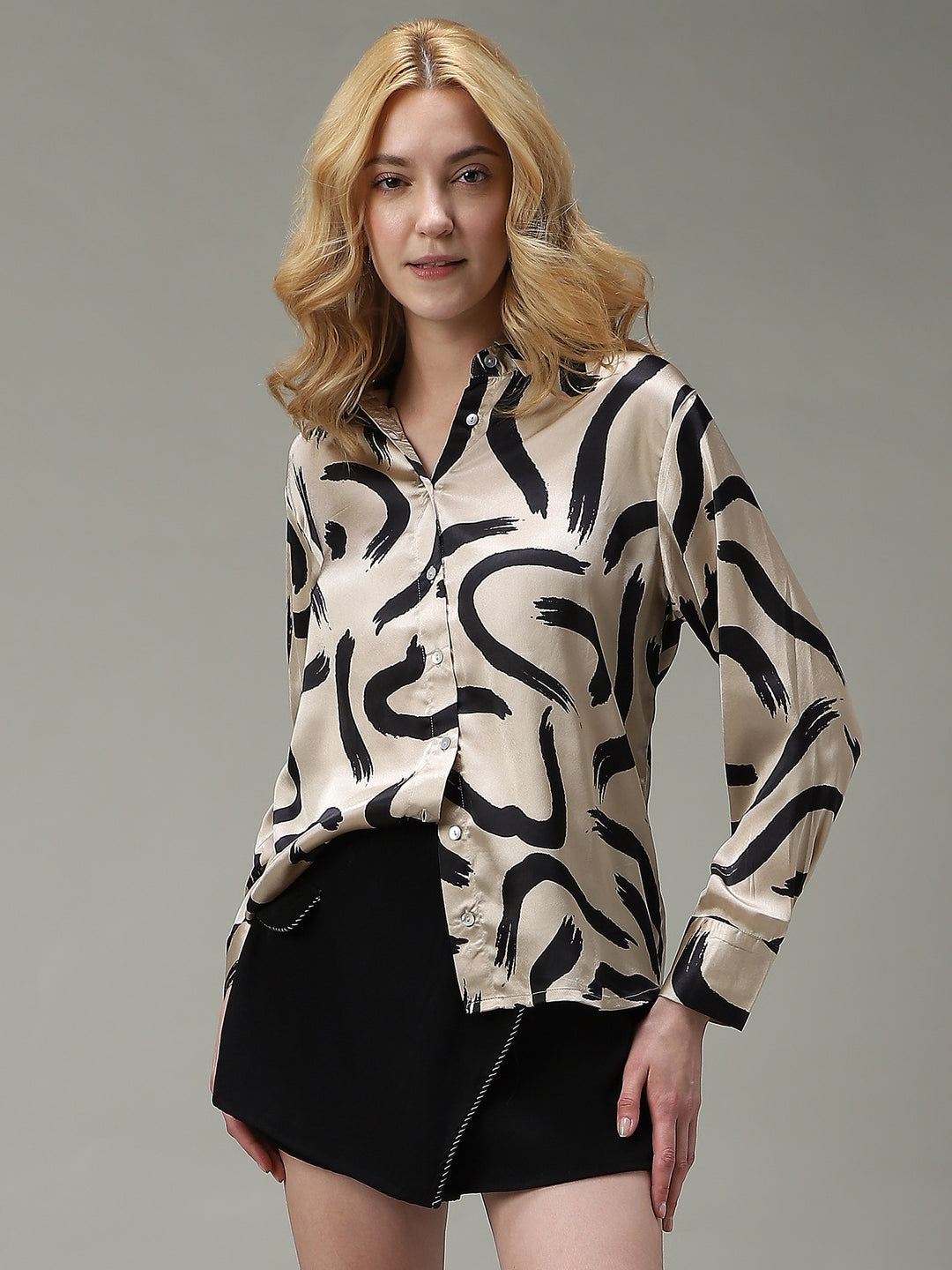 Beige Printed Satin Shirt