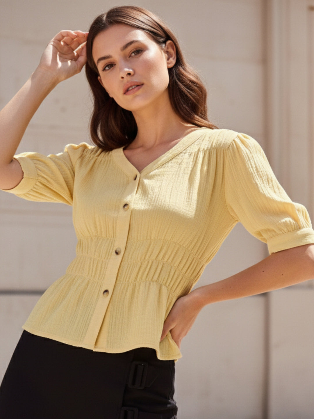 Yellow Front Buttoned Top With Waist Ruching