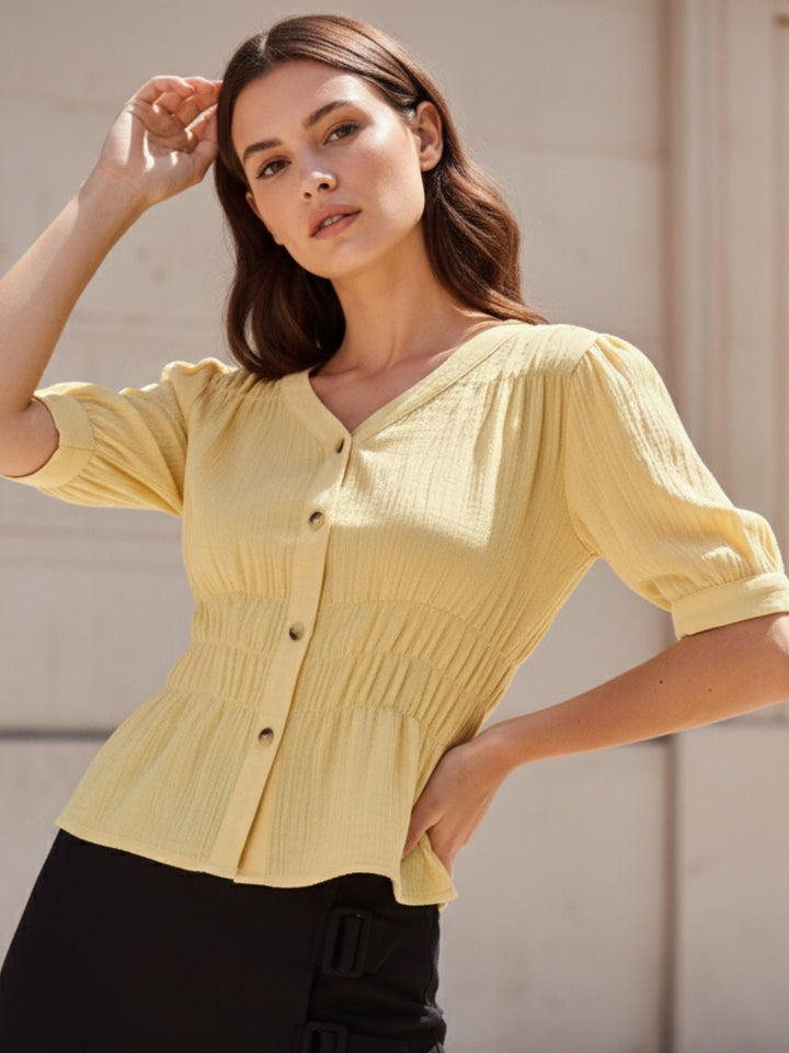 Yellow Front Buttoned Top With Waist Ruching