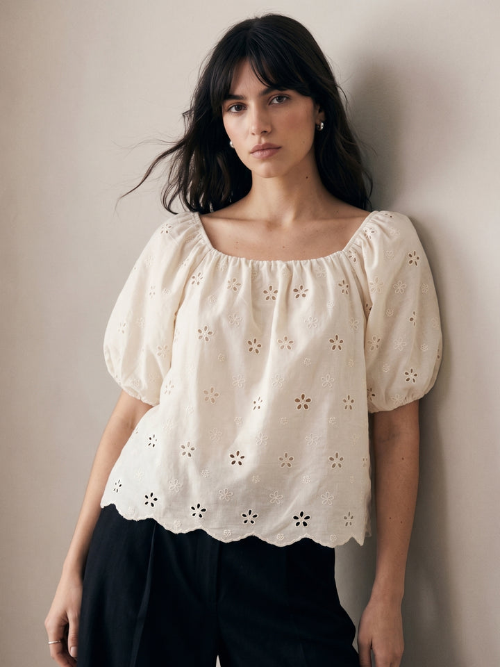 Off White Scallop Hem Square Neck Schiffli Top