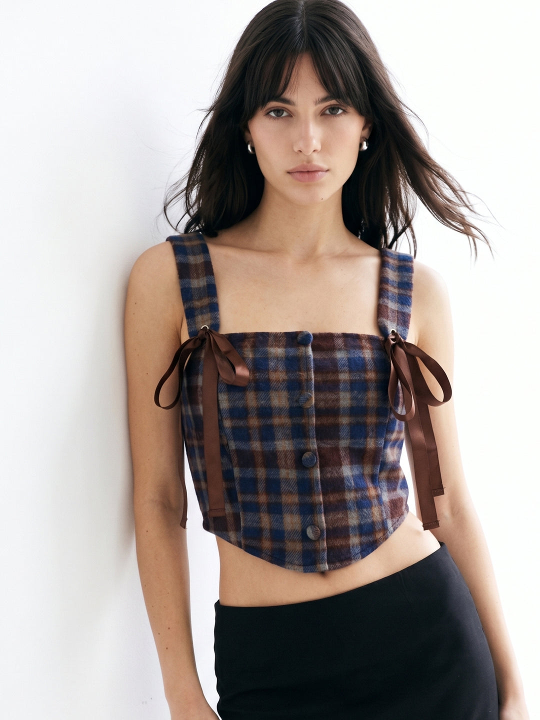 Multi Plaid Patterned Blouse With Tie Up Details