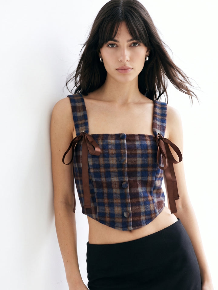 Multi Plaid Patterned Blouse With Tie Up Details