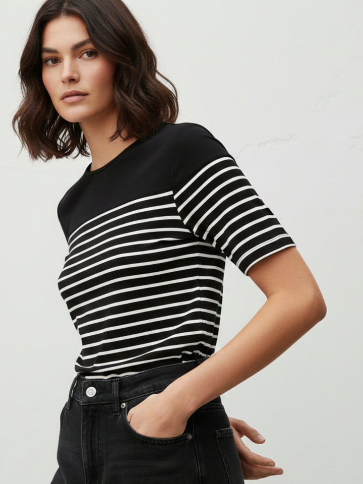 Black Short Sleeve Striped Back Bow Top