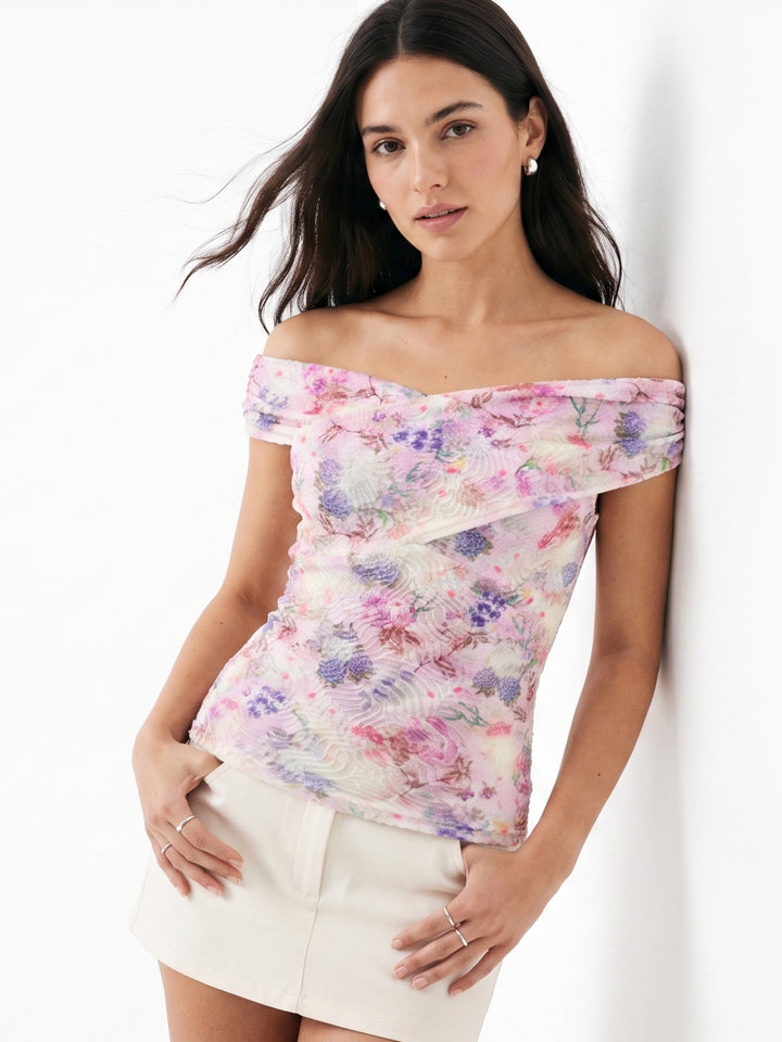 Lavender Ruched Bardot Floral Top