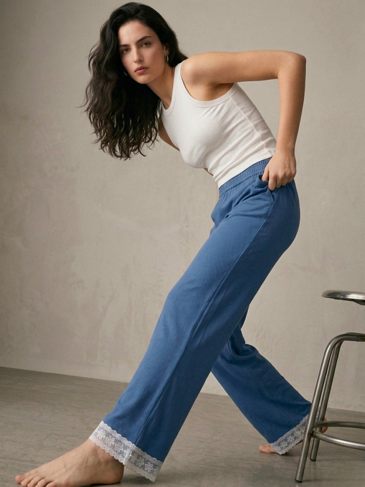 Blue High Waist Lace Hem Pant