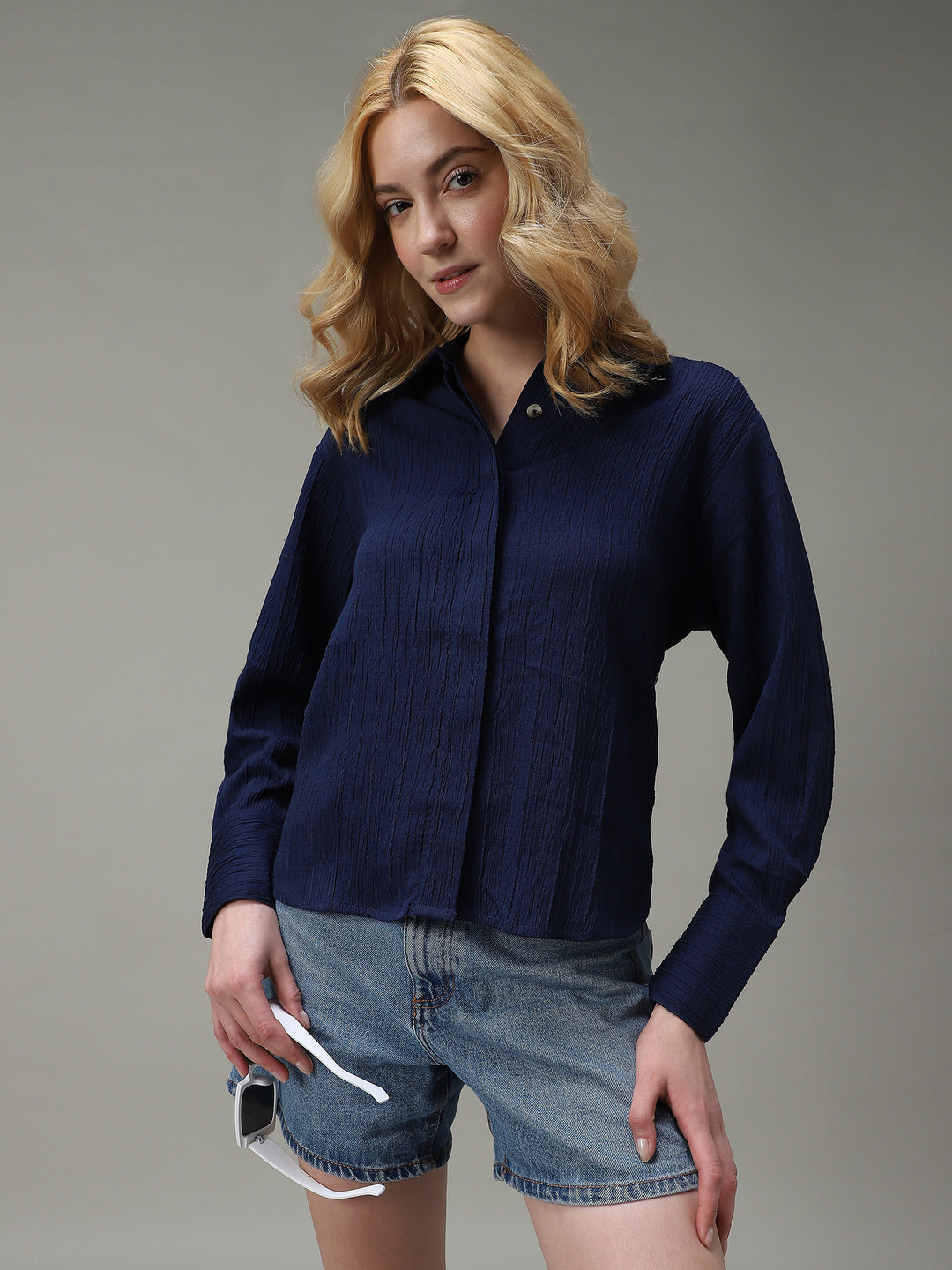 Navy Blue Side Button Detailed Shirt