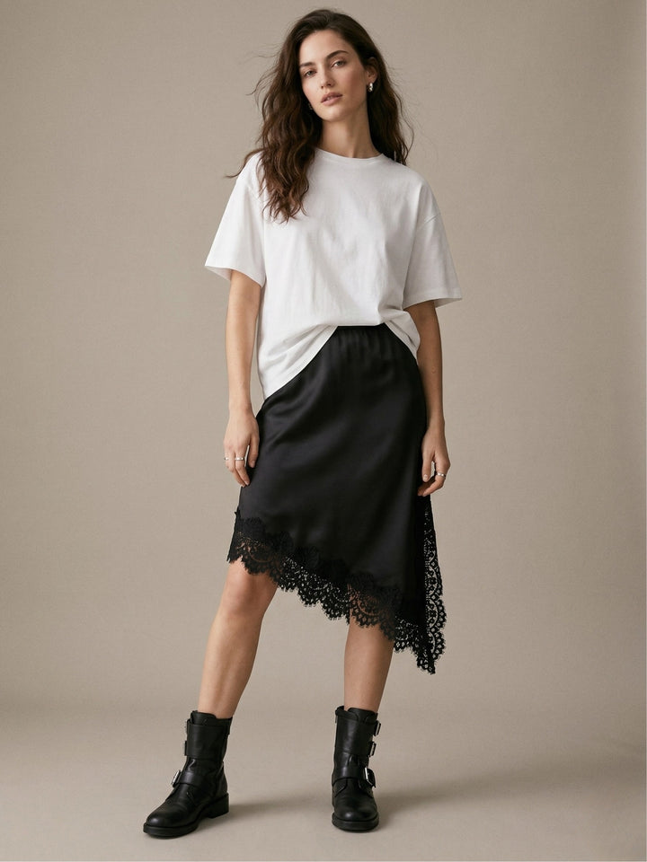 Black Asymmetric Hem Skirt With Lace Inserts