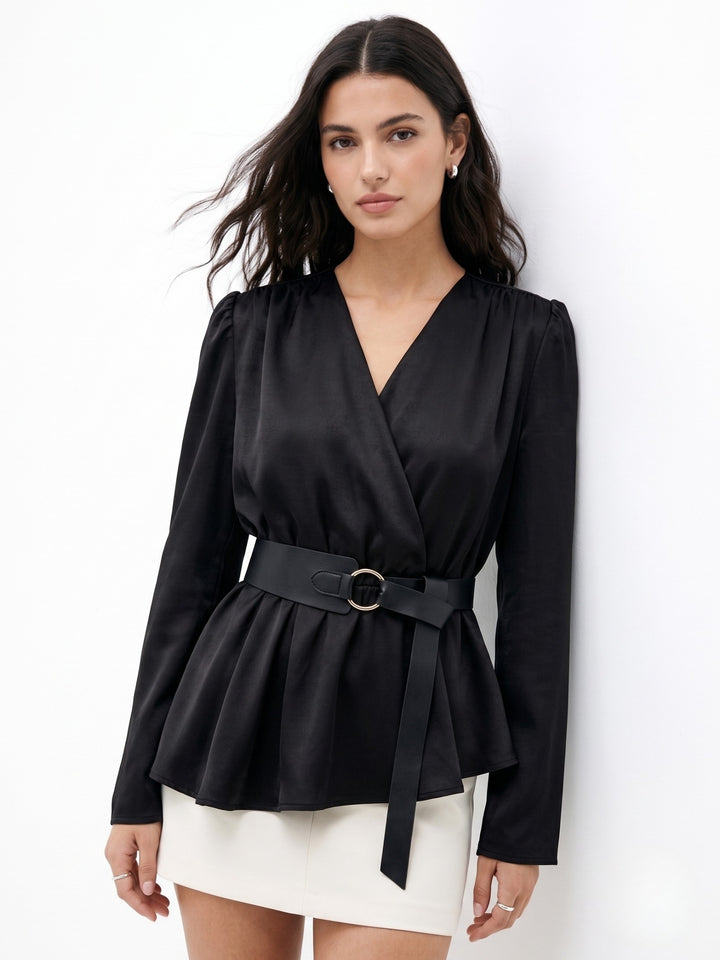 Black Plunge Neck Blouse With Belt Detail