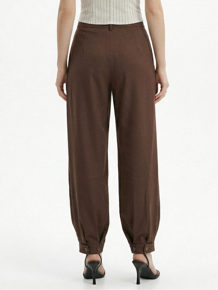 Brown High Waist Pleated Ankle Length Trousers