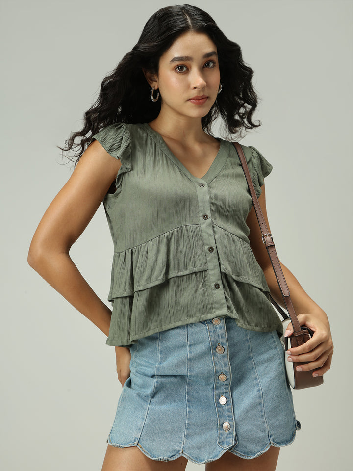 Olive Button Down Tiered Top