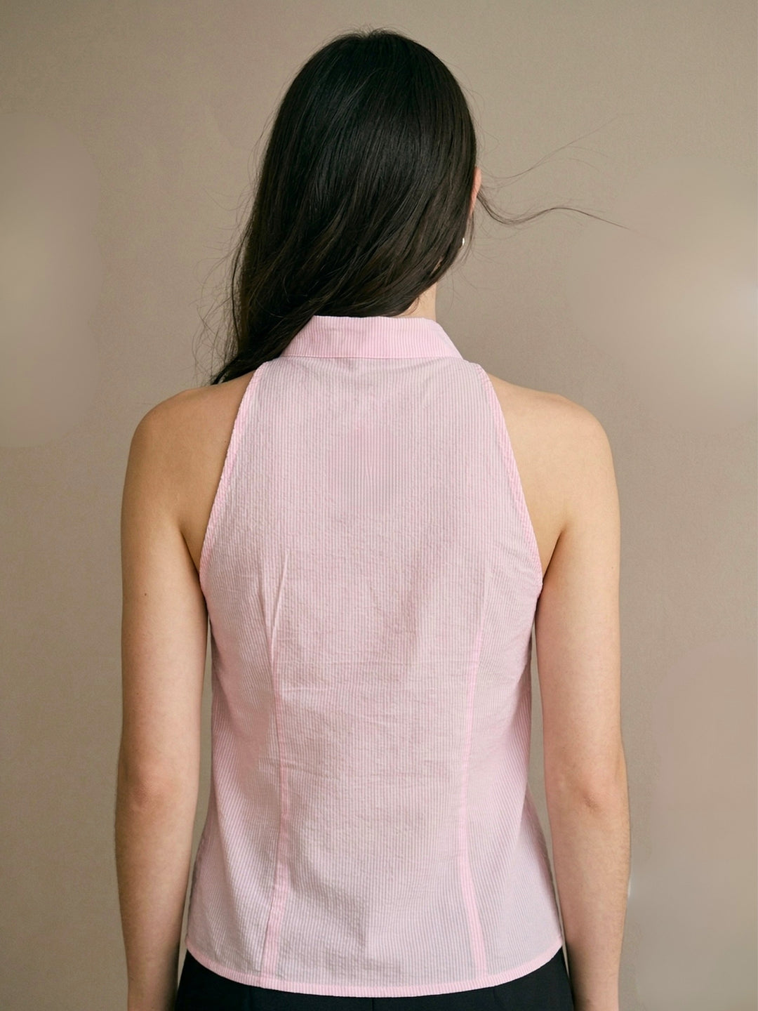 Pink Striped Halter Neck  Side Tie Asymmetric Blouse
