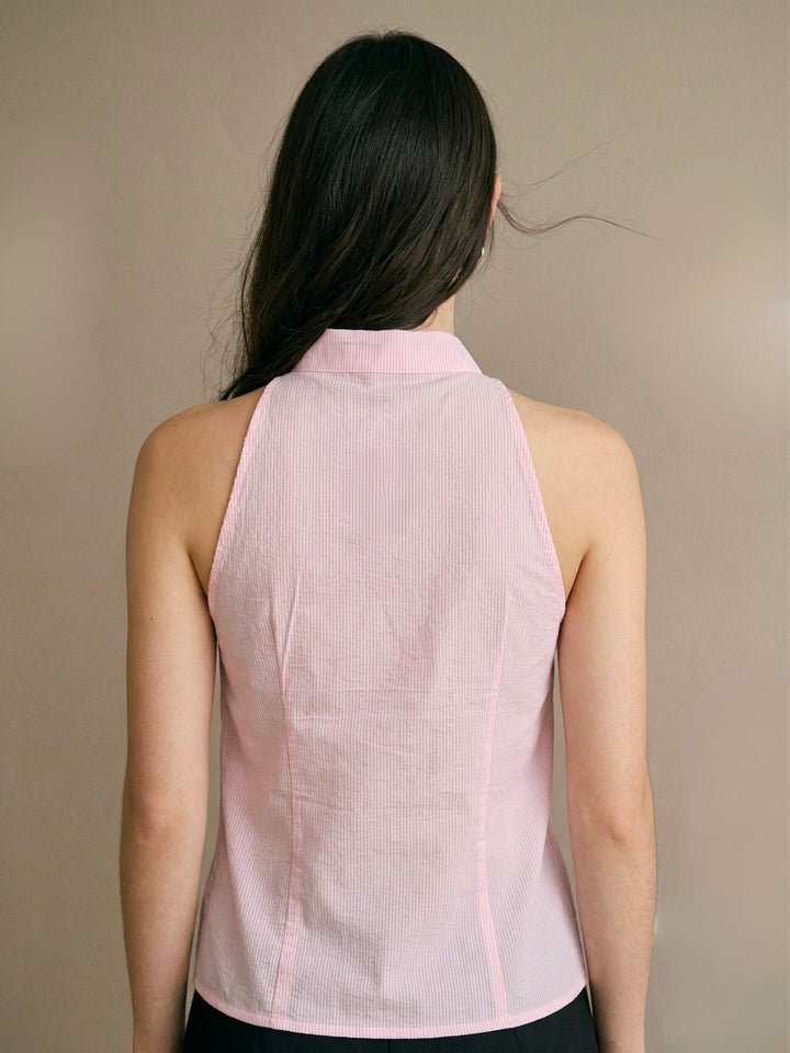 Pink Striped Halter Neck  Side Tie Asymmetric Blouse