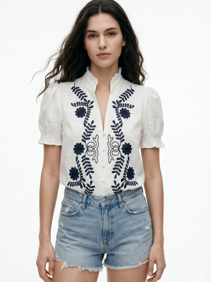 White Off Sleeved Ruffle Hem Top