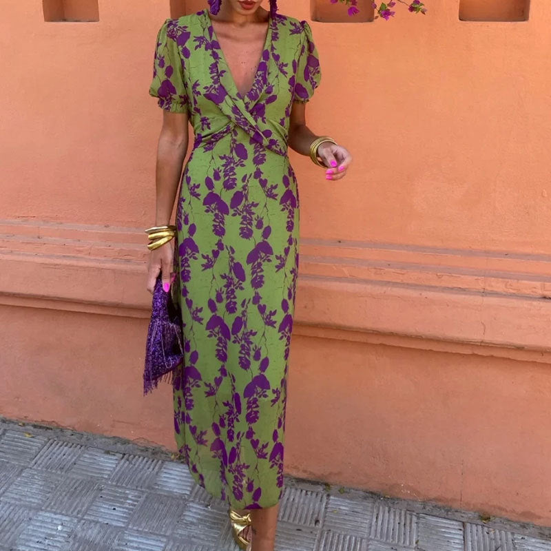 Green Plunge Wrap Neck Printed Dress