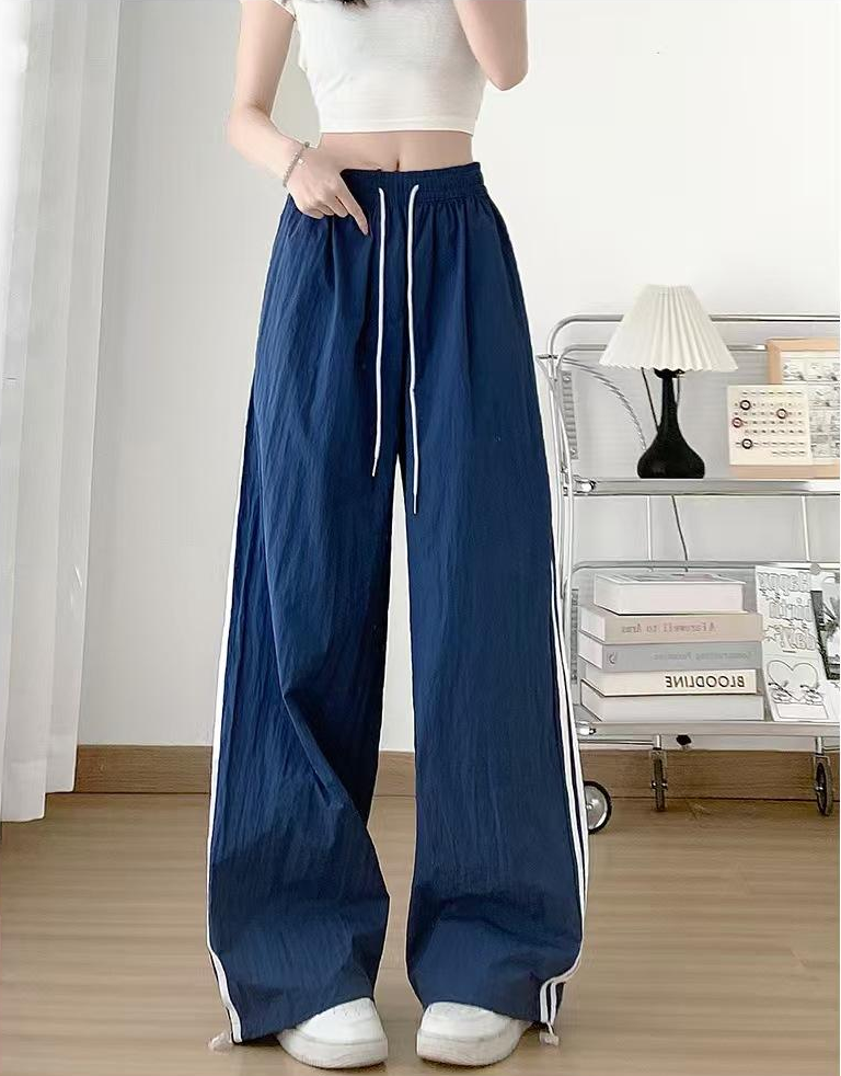 Navy Blue Wide Leg Drawstring Stripe Joggers
