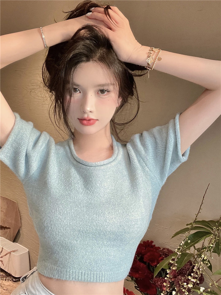 Light Blue Short Sleeve Back Cut-Out Top