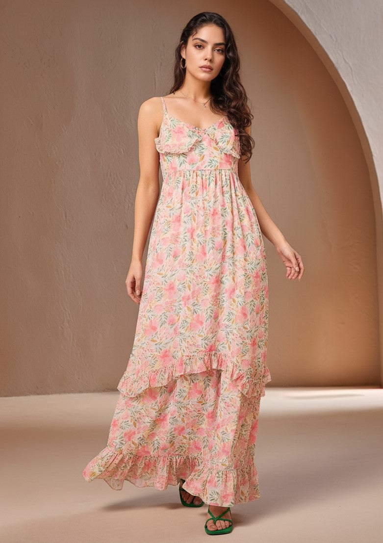 Pink Sleeveless Printed Flowy Dress