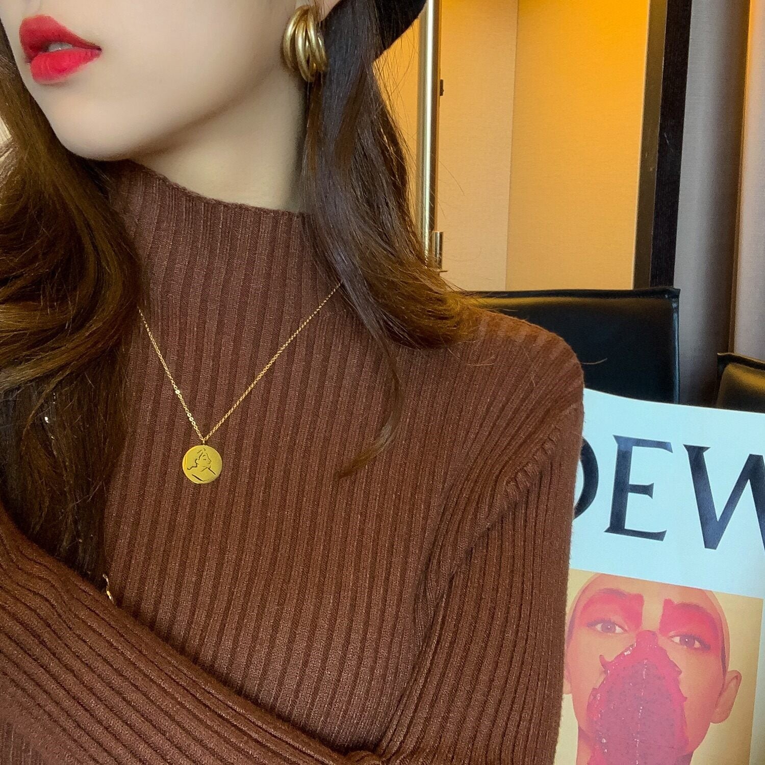 High Neck Brown Knit Top