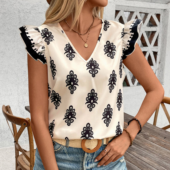 White Printed V Neck Ruffle Sleeve Top