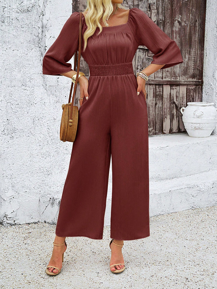 Brown Square Neck Cinched Waist Jumpsuit