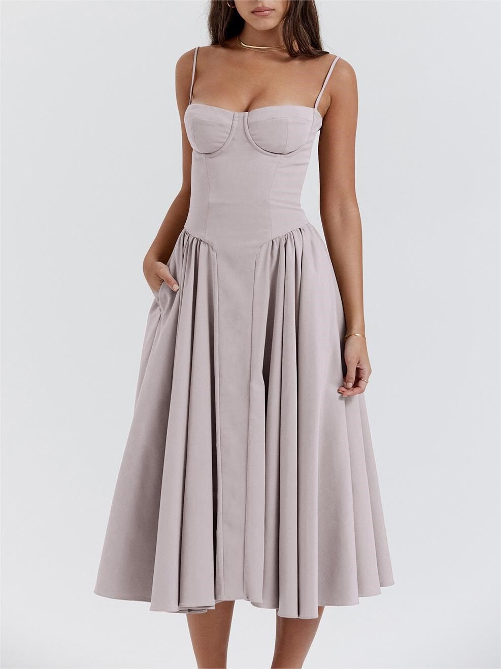 Grey Bustier Cami Dress With Pockets