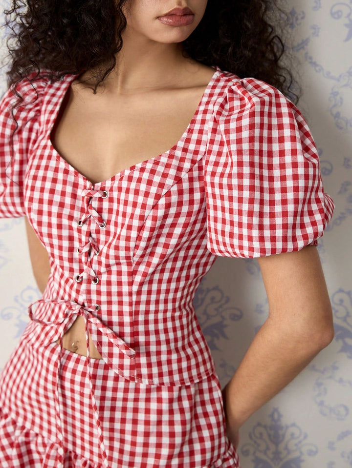 Red Puff Sleeve Scoop Neck Top