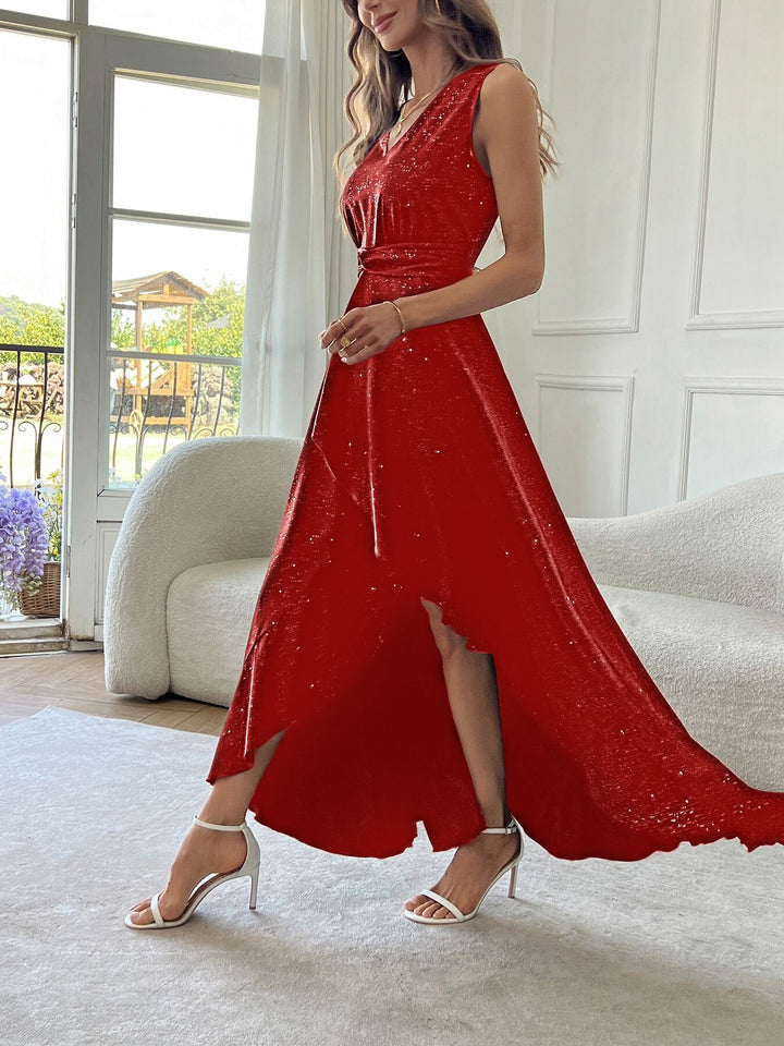 Red V Neck Flared High Low Dress