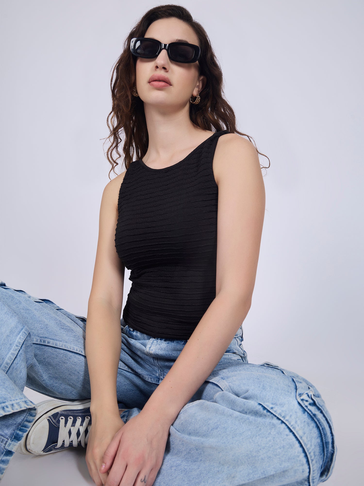Black Textured Knit Halter Neck Tank Top