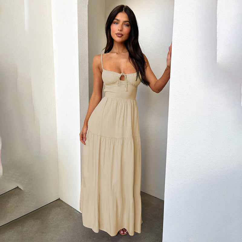 Beige Bust Gathering Back Tie Up Flared Dress