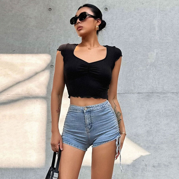 Black Wavy Hem Scoop Neck Top