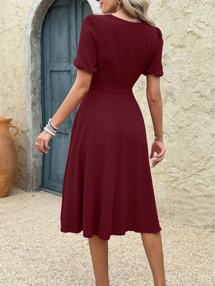Burgundy Puff Sleeve Sweetheart Neck Dress