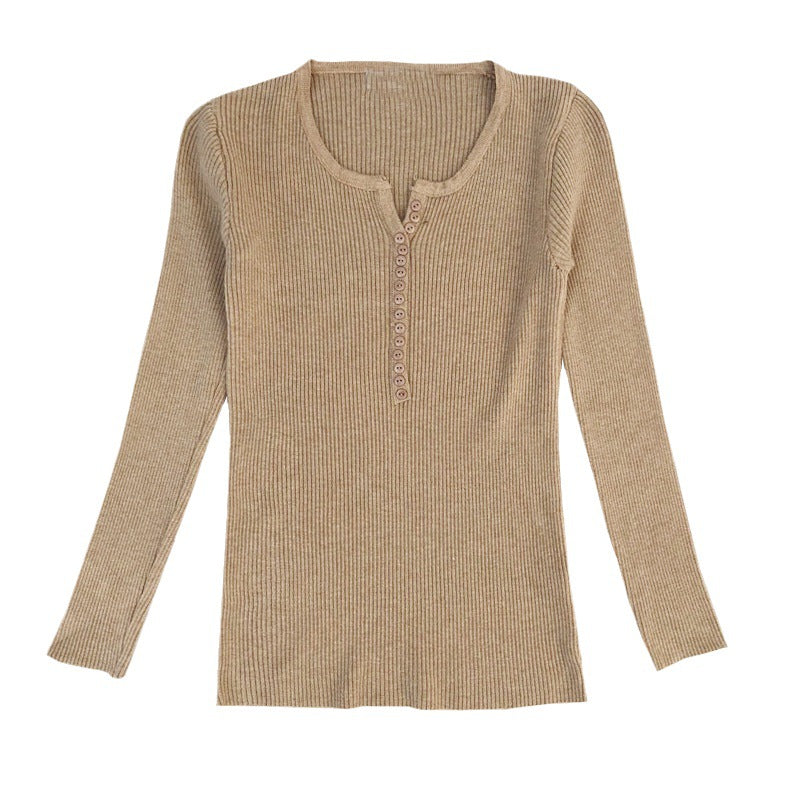 Beige Plunge Top with Button Detailing