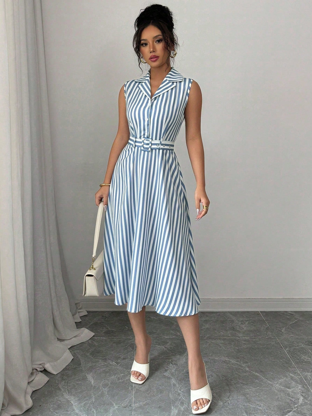 Blue Sleeveless Collared Belted Dress