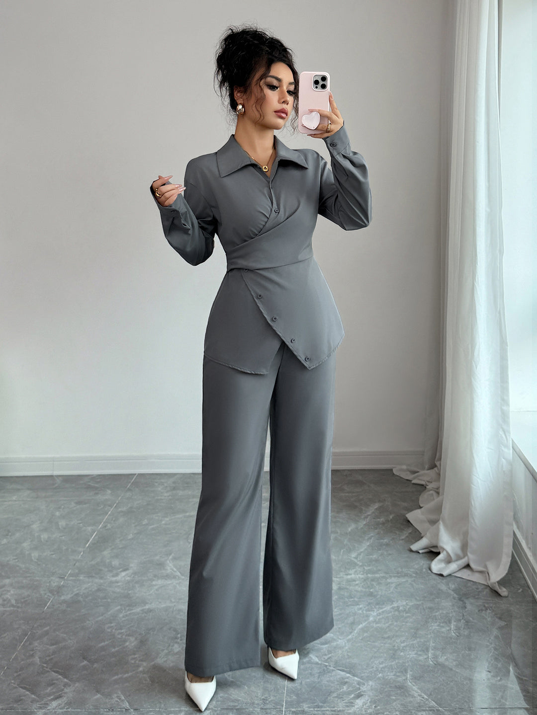 Grey Full Sleeve Wrap Shirt And Pant Set