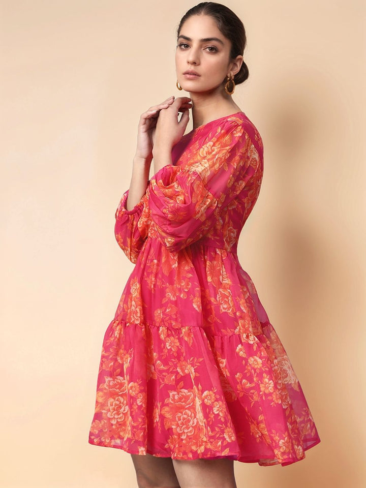 Fuchsia Abstract Printed Skater Dress