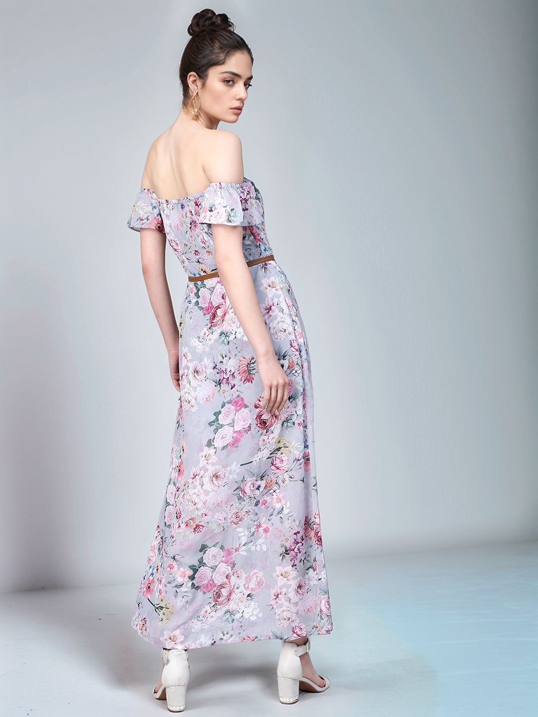Grey Off Shoulder Front Slit Printed Dress