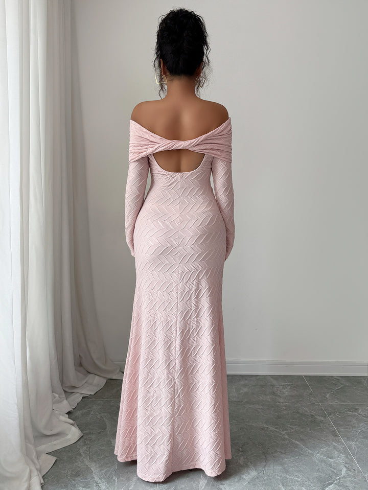 Pink Off-Shoulder Fit & Flare Evening Dress