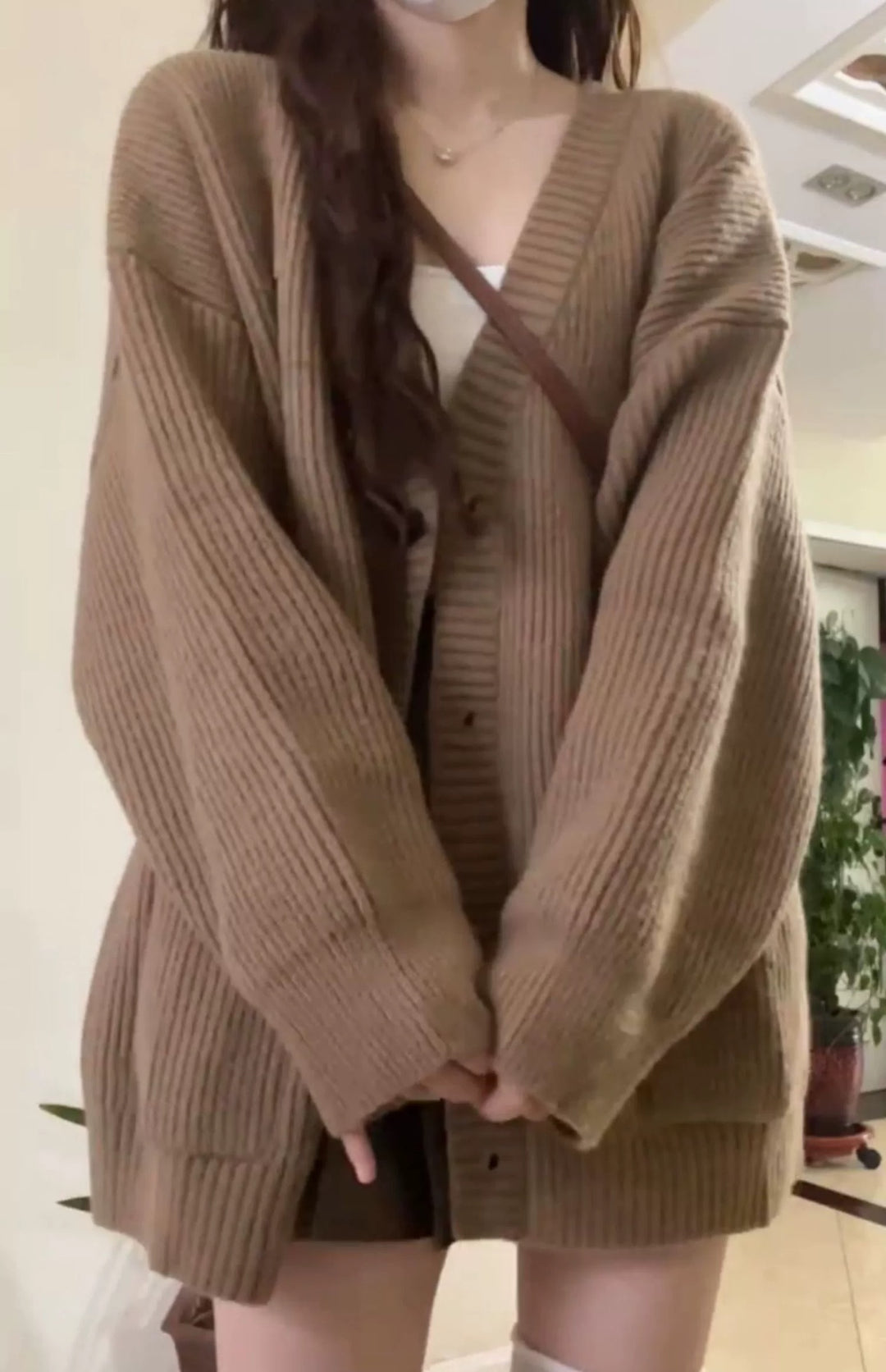 Brown Full Sleeve Double Pockets Slouchy Cardigans