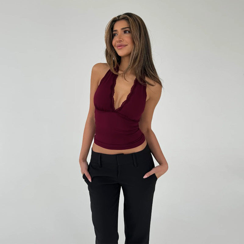Red Halter Neck Low V Neck Fitted Top