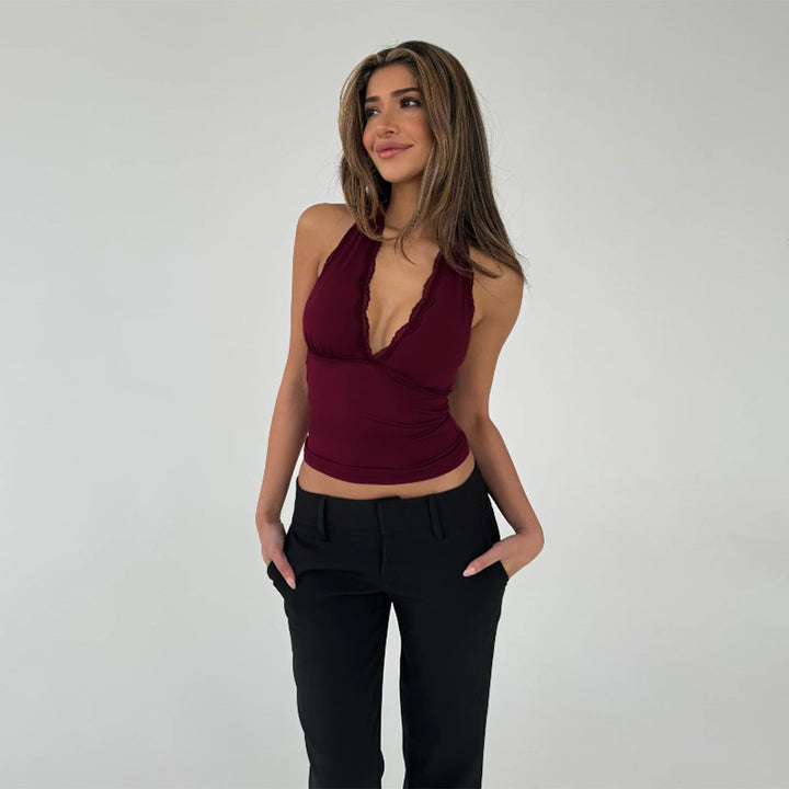 Red Halter Neck Low V Neck Fitted Top