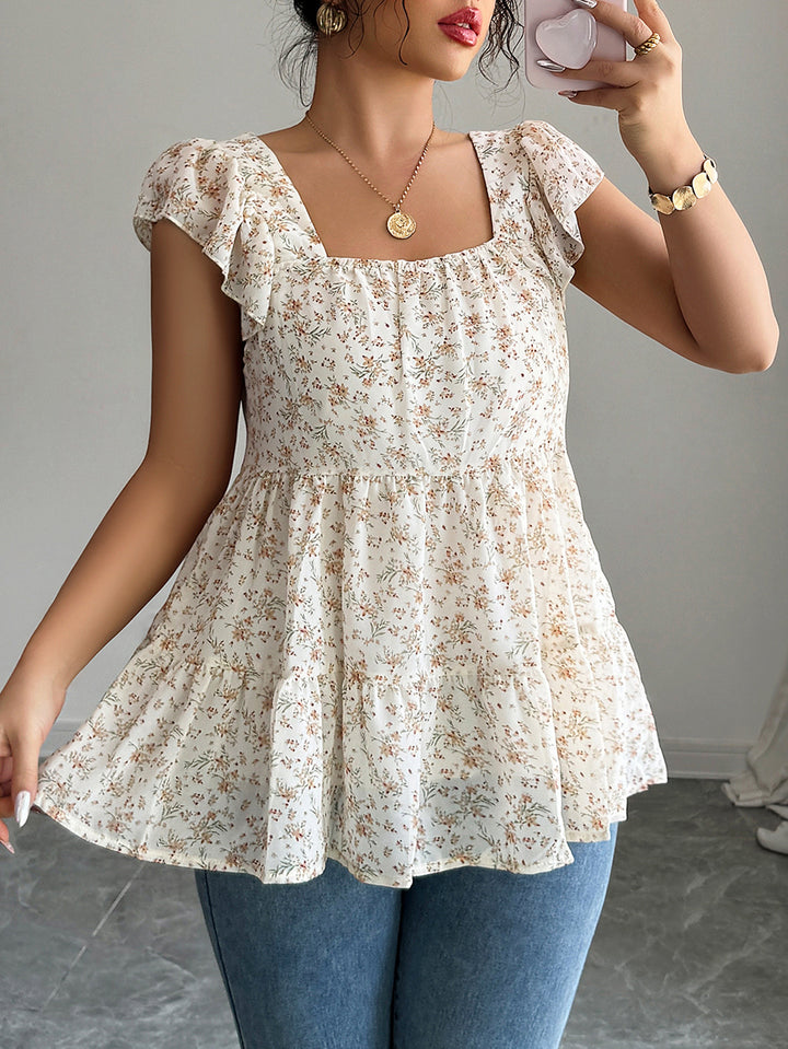 Cream Square Neck Printed Fit And Flare Top