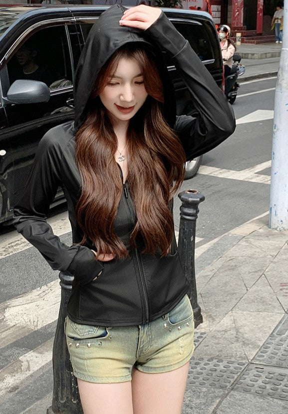 Black  Front Zipper Light Weight Hoodie Sweatshirt With Pockets