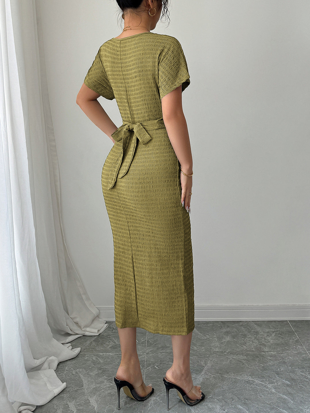 Olive Bodycon Ruched Midi Dress
